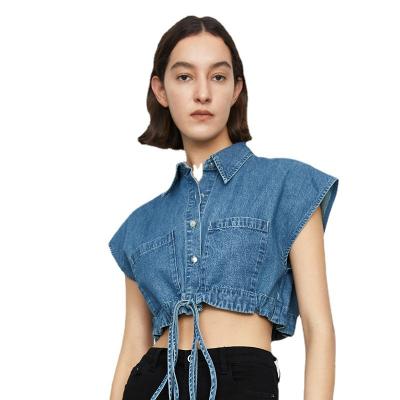 China Breathable Women Sleeveless Button Down Denim Shirts Blouses Ladies Fashion Streetwear Jeans Blouse Women Tops for sale