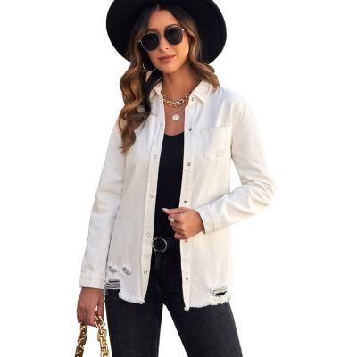 China QUICK DRY Women's Long Sleeve Hollow Out Long Hole Denim Jackets Ladies Turn Down White Jeans Jacket Coat for sale