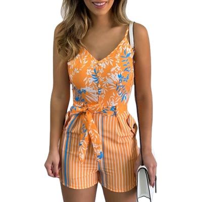 China Wholesale V-Neckline QUICK DRY Floral Print Women Cami Jumpsuit Casual Strap Stripe Mini Jumpsuit For Women for sale