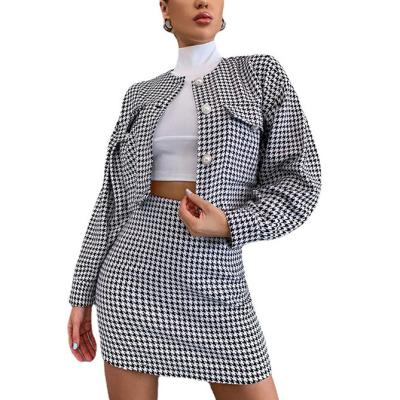 China Breathable Casual Short Blazer and Border Black Houndstooth Office Ladies Worsted Set Two Piece Dress Wear Suit Sets for sale