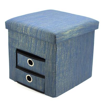 China Foldable Dark Blue Cotton Canvas Fabric Cube Shoe Storage Ottoman With Drawers for sale