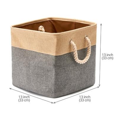 China Sustainable Patchwork Polyester Canvas Fabric Cube Storage Basket With Cotton Rope for sale