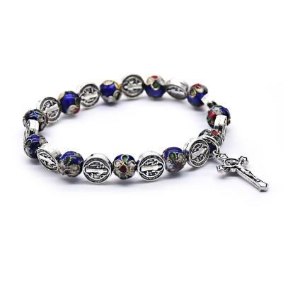 China Royal Blue Handmade Cross JewelryCloisonne Metal Bead String Bracelets Male And Female Saint Benedict Exorcism Fine Jewelry Bracelets And Bangles for sale