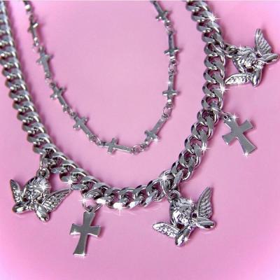 China Wholesale Cross Angel Pendant Name Necklace Personality Hip Hop Fashion Hiphop Multi Layer Necklace for sale