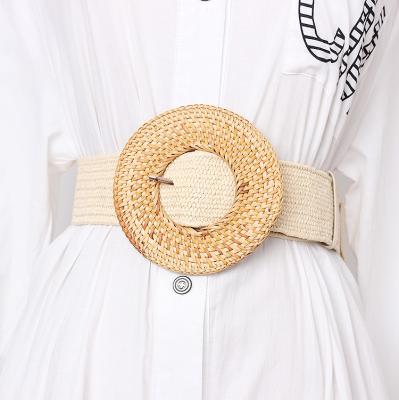 China Casual Belts And Accessories Wooden Buckle Dress Belt For Casual Women Female Braided Strap Designer Woven Girls Elastic pp Straw Wide B for sale