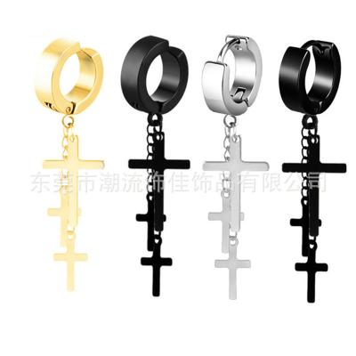 China Neo-gothic black punk earrings for men non allergic stainless steel earclip cross stud earrings for sale