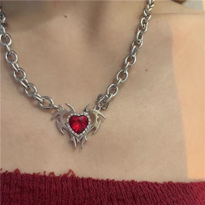 China New Punk Ruby Inlaid Diamond Heart Pendant Necklace Punk Statistical Totem Hip Hop Spice Clavicle Chain Tide Thick Chain Tide for sale