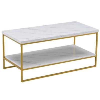 China Modern Retangular Double-layer Iron Pipe Marble PVC Golden Coffee Table for sale