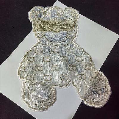 China 3D Bear Embroidery Pattern Patch Lace Applique Beaded Sequin And Beads Embroidered Patch Logo For Apparel for sale