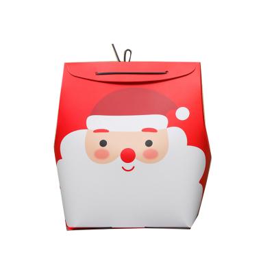 China Unique Design Red and Green Cute Paper Bags Recycled Materials Santa Claus Head Portrait Candy Folding Paper Boxes with Rubber Band Elastic Sealing for sale