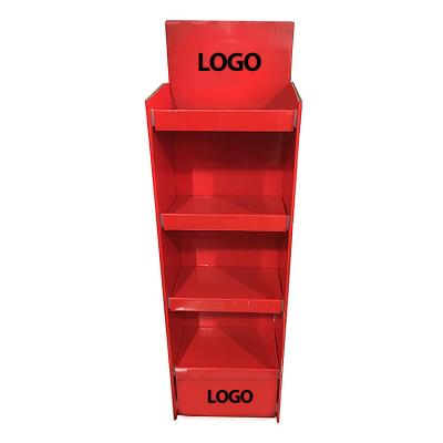 China Retail Store Double Sided Custom Promotion Red Paper Display Racks POP Free Standing Floor Rack Corrugated Cardboard Display for sale