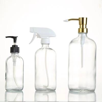 China 500ml Personal Care Amber Clear Cobalt Blue Round Boston Glass Bottle With Stainless Steel Soap Pump Dispenser Screw Cap for sale