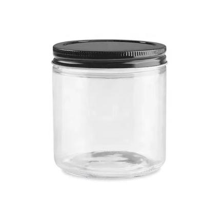 China Food Storage 50g 4oz 8oz Clear Glass Jar Straight Sided Gold Black Lid for sale