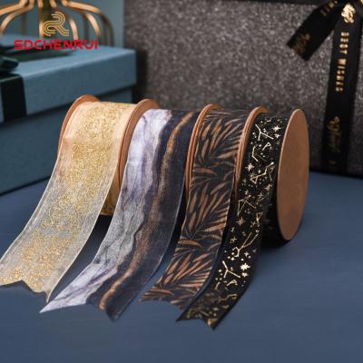 China Wholesale High Tenacity Custom Gold Foil Organza Printed Cable Rainbow Yarn Edge Black Velvet By Ribbon 38mm 25mm One Organza Ribbon for sale