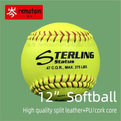 China Custom Logo Professional Softball 12 inch PU&Cork core yellow split leather sports game training softball balls Standard Size Softball for sale