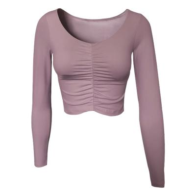 China Antibacterial Ladies Stretch Workout Padded Gym Yoga Exercise Running Fitness Tops Long Sleeve Fitness Tops for sale