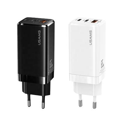 China Mobile Phone USAMS 65W 3 Ports New Arrival Mobile Phone Travel Wall Charger Fast Palladium GaN Charger For iPhone for sale