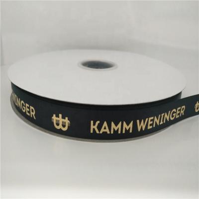 China Custom printed high tenacity new arrival 16mm double face satin ribbon by gold foil with customized logo for sale