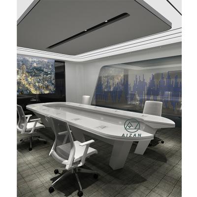 China 10 Person Office Conference Room Furniture Extendable Modern Marble Head White Meeting Table With Plug for sale