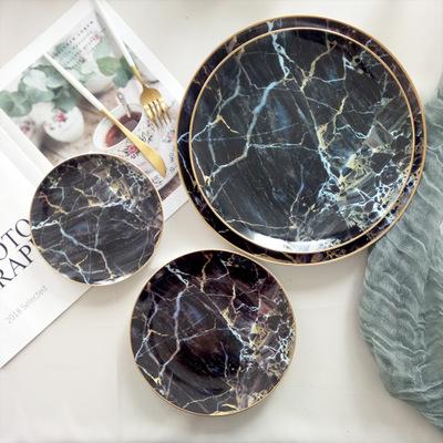 China 2021 Viable Gold Rim Black High Quality Bone China Charger Marble Dish Set For Wedding for sale