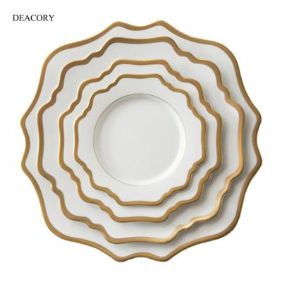 China Restaurant Minimalist Wholesale Dish Wedding Bone China Ceramic Gold Rim Set for sale