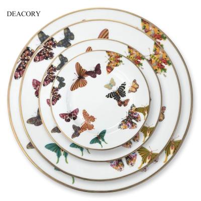 China DEACORY 2021 New Design Gold Rim Dinner Viable Butterfly Bone China Ceramic Charger Dish Set To Wedding for sale