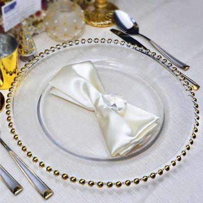 China Sustainable Wholesale Round Clear Wedding Beaded Glass Gold Charger Dish Set for sale