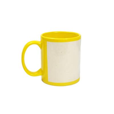 China Stocked Glazed Sublimation Mugs Yellow With White Patch 11OZ Photo DIY Sublimation Mug Factory Quality Heat Transfer Premium Mug for sale