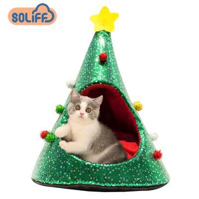 China Breathable Christmas Cat Bed Cute Christmas Tree Train Pet Cat Dog House Pet Nest Soft For Animal for sale