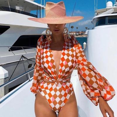 China 2022 Plaid Swimwear Women Bathing Suit Beachwear Size Biquini Female Long Sleeve Breathable Sexy Colorful One Piece Bather High Sleeve for sale