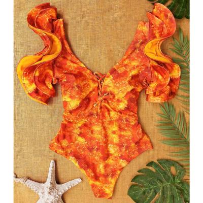 China 2022 Breathable New Tie Matrix Ruffle Lace Up Sexy V-Neck Bathing Suit Swimwear Beach Wear One Piece Monokini High Waist Backless Swimwear for sale