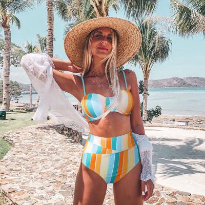 China 2022 Breathable Sexy High Waisted Swimwear Women Striped Bikini Beach Wear 2 Piece Swimming Suit Swimwear Biquin High Waist Bikini Set for sale