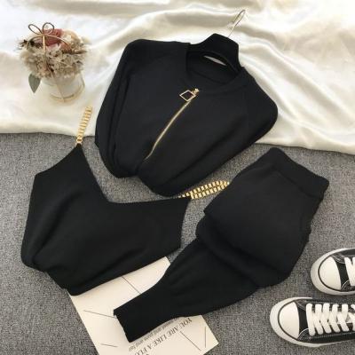 China 2021 New Breathable Autumn And Winter Knitted Zipper Cardigans + Camisole + Pants 3pcs Fashion Suit Women Tracksuit Clothes Set for sale