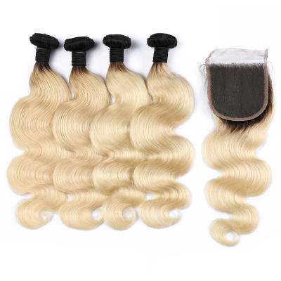 China Body Wave 1B 613 Honey Blonde Brazilian Silky Straight Remy Human Hair With Closure Ombre Lace Bundles With Closure for sale