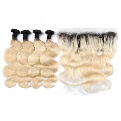 China Silky Straight Blonde Peruvian Body Wave 1B/613 Ombre Color Human Remy Hair Extension Bundles With 13x4 Lace Frontal Closure for sale