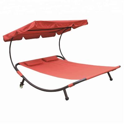 China 2 seater modern garden lounge chair outdoor lounge bed with sun shade, wheels and pillows for sale