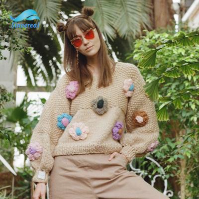 China Winter Handmade Top Fashion Anti-Wrinkle Long Sleeve Women Sweaters Crew Neck Flower Oversized Sweater Women for sale