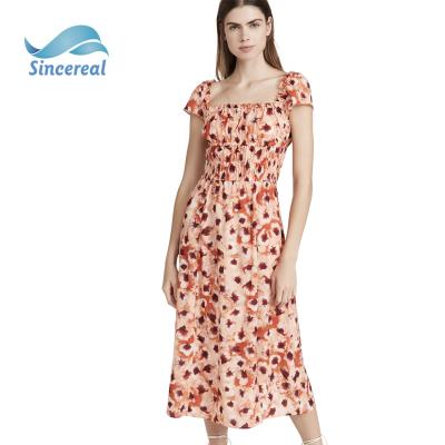 China Breathable Chiffon Dress Floral Print Color Halter Neck Square Summer Casual Short Sheathed Long Dresses for sale