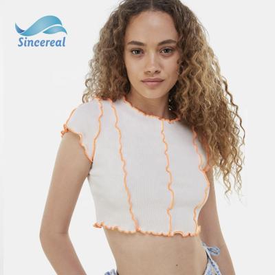 China 2021 EL Flashing Summer Ribbed Ruffle Summer Women Petal Sleeve Solid Color Crop T-shirt Tight Elastic Tops for sale