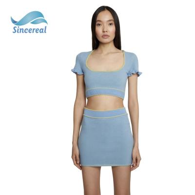 China Summer Fashion Anti-Pilling Two Piece Petal Sheath Crop Top And Hip Skirt Knitted Sweater Sets For Women for sale