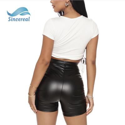 China Anti-Wrinkle Pull On Skinny Stretchy Faux Leather High Waist Biker Shorts Ruched Style For Women for sale