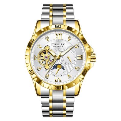 China Auto Date Luminous Moon Phase Dial 316L Stainless Steel Automatic Wristwatches Mechanical Movement Skeleton Gold Men Watch for sale