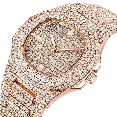 China Not Specified Wholesale Good Quality Fashion Women Hip Hop Iced Out Full Crystal Diamonds Japan Calendar Movement Ladies Rose Gold Watch for sale