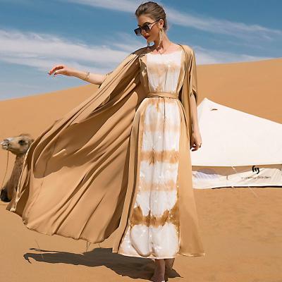 China 2 Piece Sequins Set Medium Length Sleeves Sequins Dye Tie Open Cardigan Abaya Dress With Inner Sleeveless Dress for sale