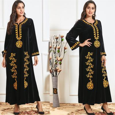 China Black Solid Color GH-9756# Velvet Gold Thread Embroidery Women Muslim Dress Islamic Abaya Clothing for sale