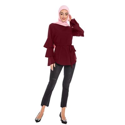 China Women Ladies Solid Color M-7XL Middle East Turkey Muslimah Long Sleeve Muslim Tunic Tops Blouse for sale