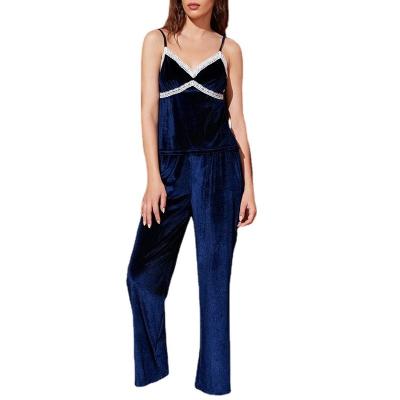 China QUICK DRY Custom Pajamas Fashion Blue Velvet Woman Sling Sexy Pajamas Set Sexy Casual Ladies Sleepwear For Women Set for sale