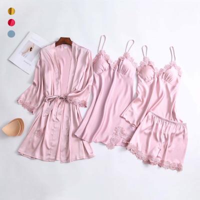 China QUICK DRY Women's Christmas Pajamas Sexy Thin Silk Pajamas Flange Robe Five Pieces Set Nightgowns Sleepwear For Women Sexy Nightgown Design Dress for sale