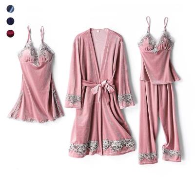 China Autumn Winter Sexy Pajamas Women QUICK DRY Velvet Nightgown Long Sleeve Nightgown Four-Piece Set Lace Robes Home Wear for sale