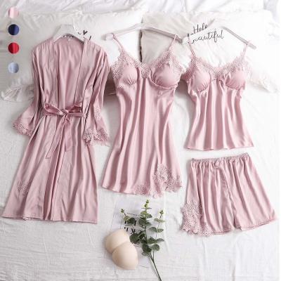 China QUICK DRY Pajamas Women's Spring Summer Spring Silk Thin Section Sleep Wear Solid Color Four-piece Lace Four-piece Sexy Nightgown for sale